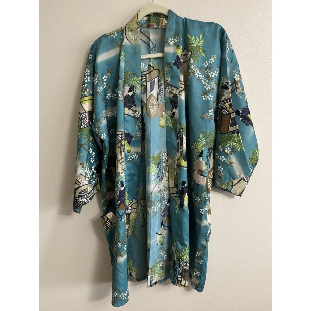 Vintage Satin Kimono Robe Large Teal Floral Cover Up Asian Lightweight‎ Silky